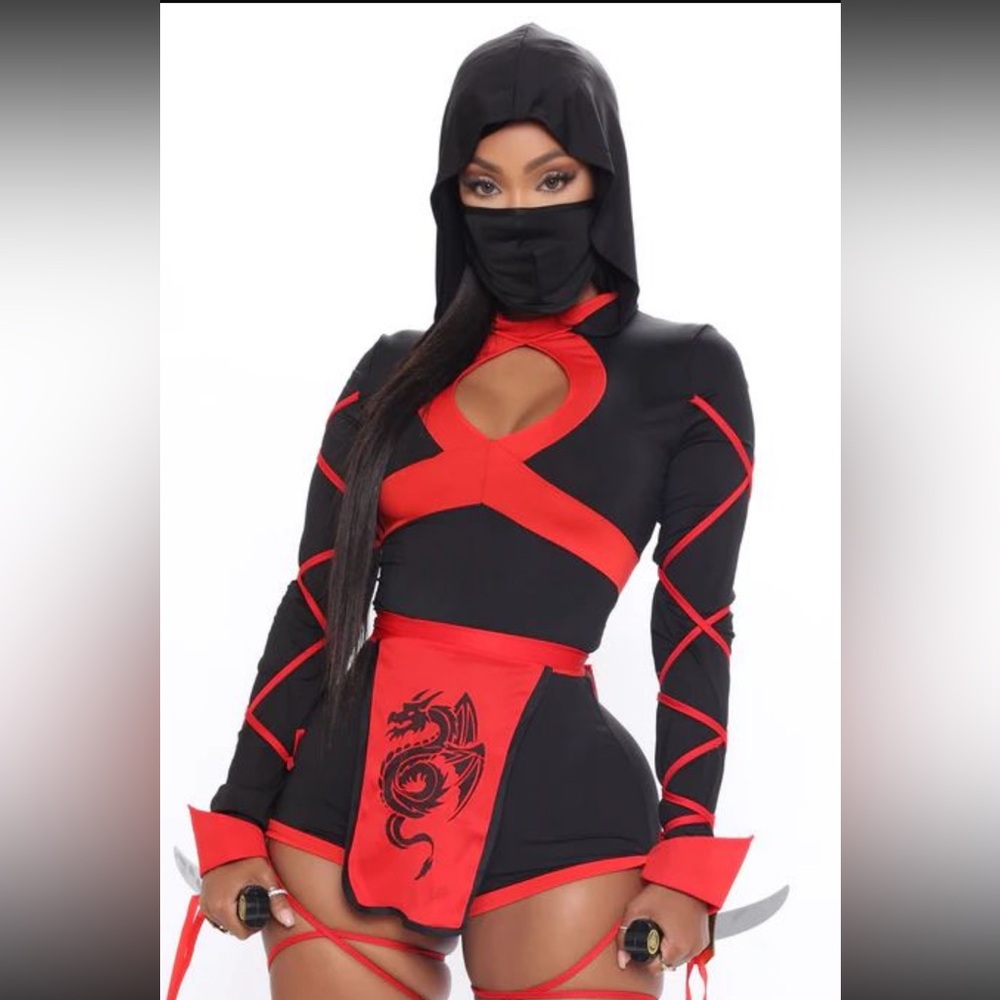 Fashion Nova Black and Red Ninja-Inspired Jumpsuit